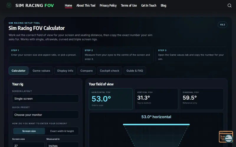 Screenshot of simracingfovcalculator.com