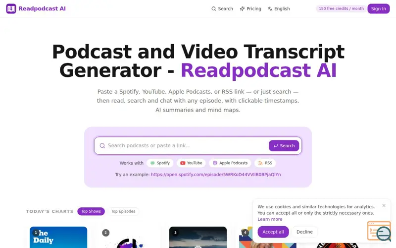 Screenshot of Podcast Transcript Generator — Transcribe Spotify, YouTube & Apple Podcasts | Readpodcast AI