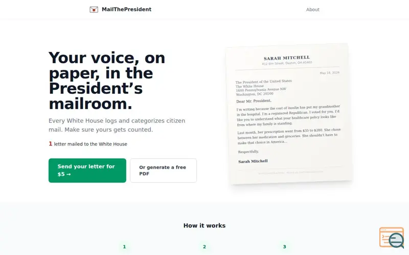 Screenshot of MailThePresident