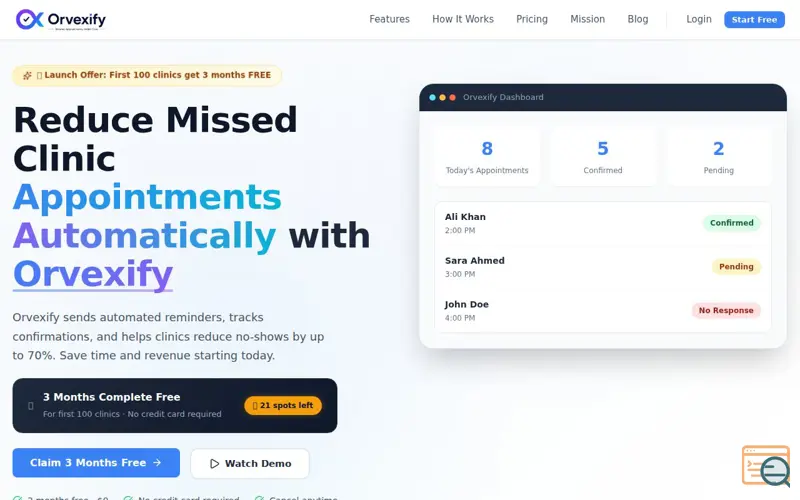 Screenshot of Orvexify - Reduce Clinic No-Shows by 70% with Automated Reminders
