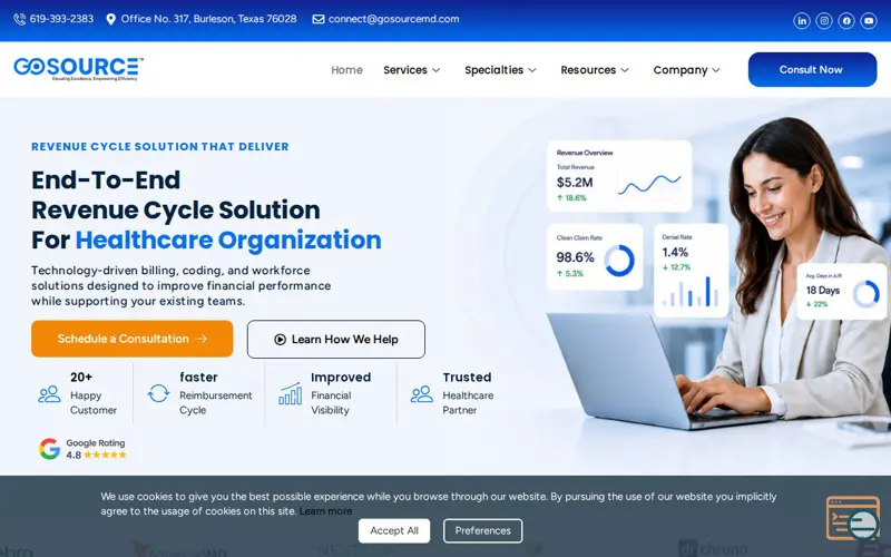 Screenshot of Medical Billing & RCM Services, a launch using Sticky Header Effects for Elementor
