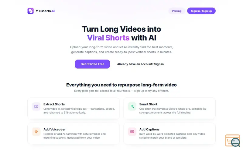 Screenshot of YTShorts.ai — Turn Long Videos into Viral Shorts with AI
