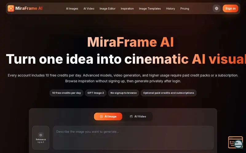 Screenshot of MiraFrame - Free AI Image Generator