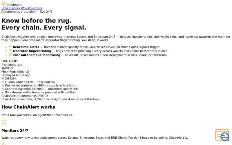 Screenshot of ChainAlert—Autonomous Rug Pull Detection
