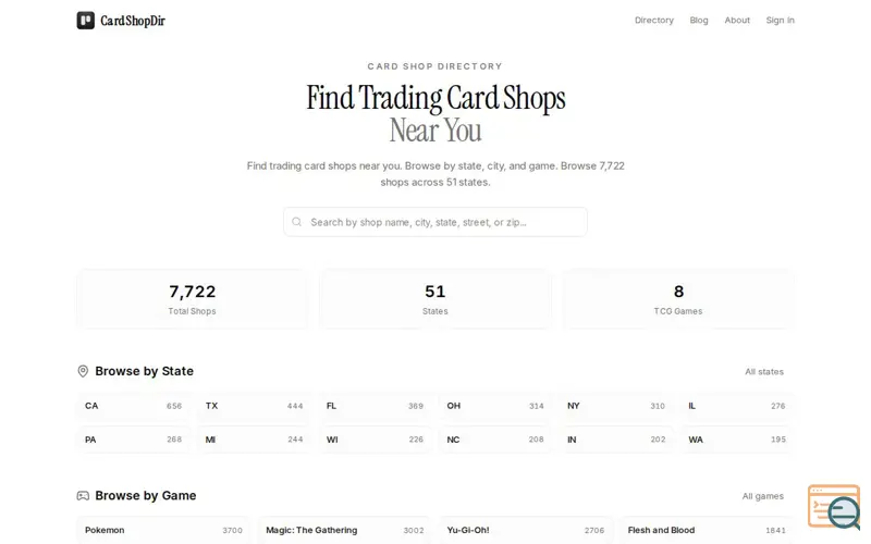 Screenshot of Card Shop Directory