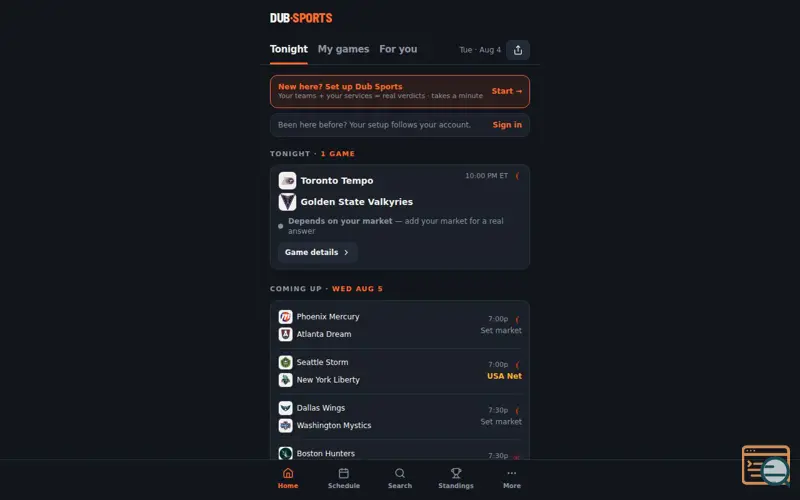 Screenshot of Dub Sports — What's on tonight