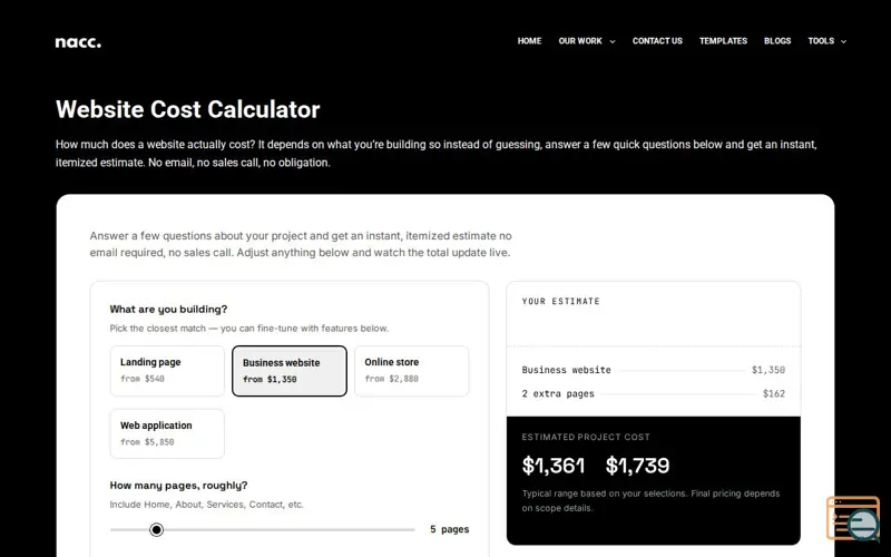 Screenshot of website-cost-calculator