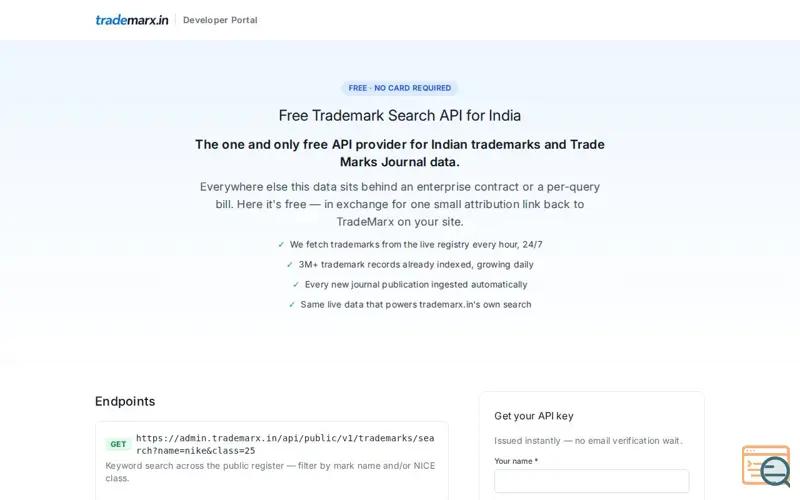 Screenshot of Trademarx - Indian Trademark API