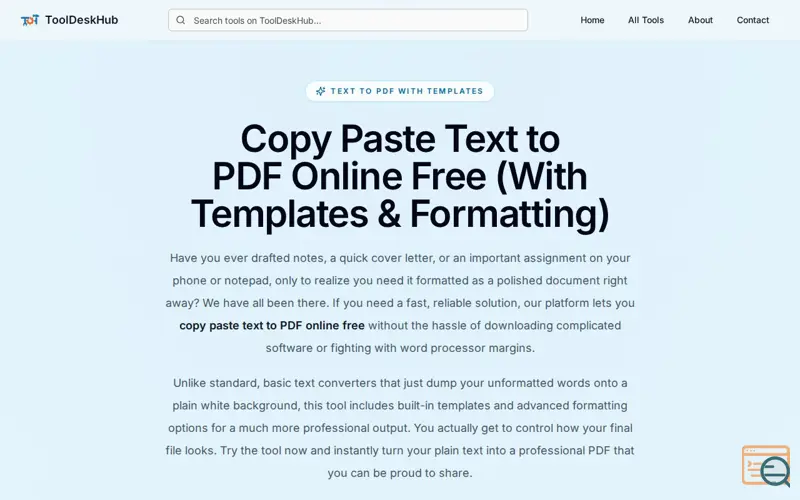 Screenshot of Text To PDF Converter By Tooldeskhub