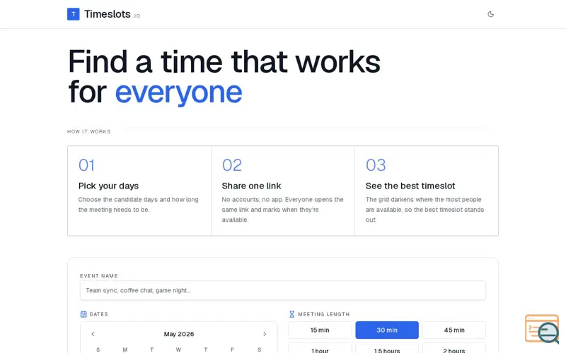 Screenshot of Timeslots.io: ad-free Doodle alternative
