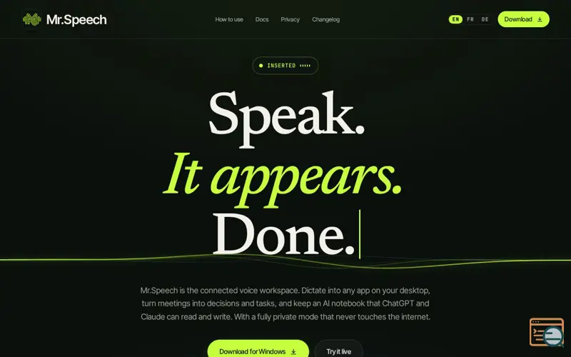 Screenshot of Mr.Speech — Voice dictation, meetings & notes for desktop