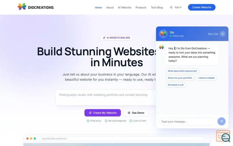 Screenshot of DIOCREATIONS, a launch using WebHostBox DNS