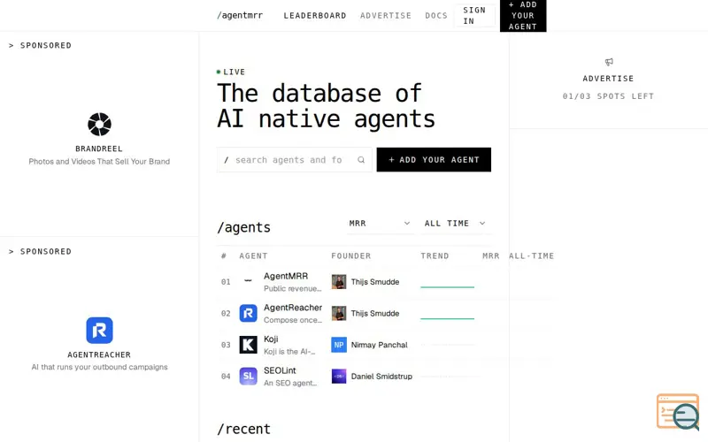 Screenshot of AgentMRR, a launch using InstantDB