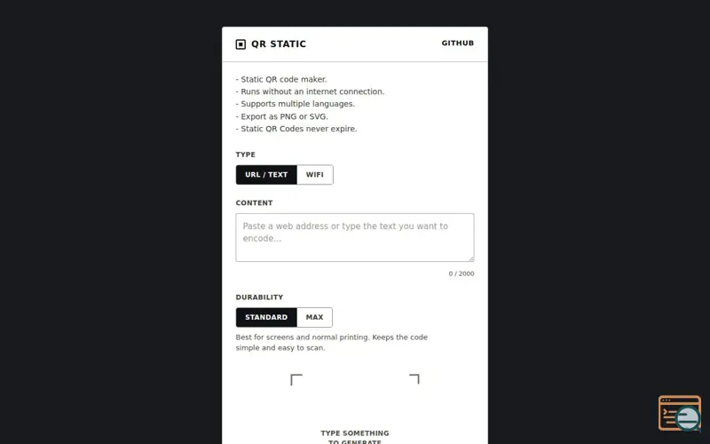 Screenshot of QR Static — Offline QR Code Generator