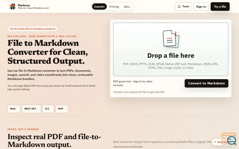 Screenshot of PDF to MD Converter — Clean Markdown for AI | Markovo