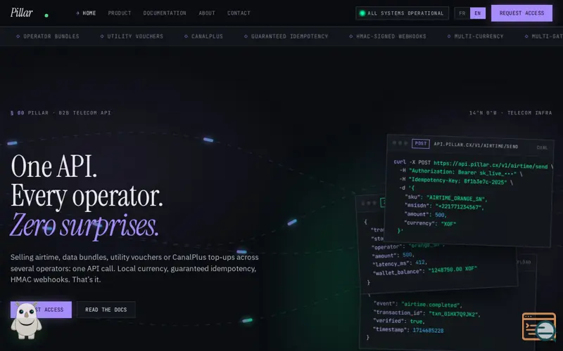 Screenshot of Pillar · Unified telecom API