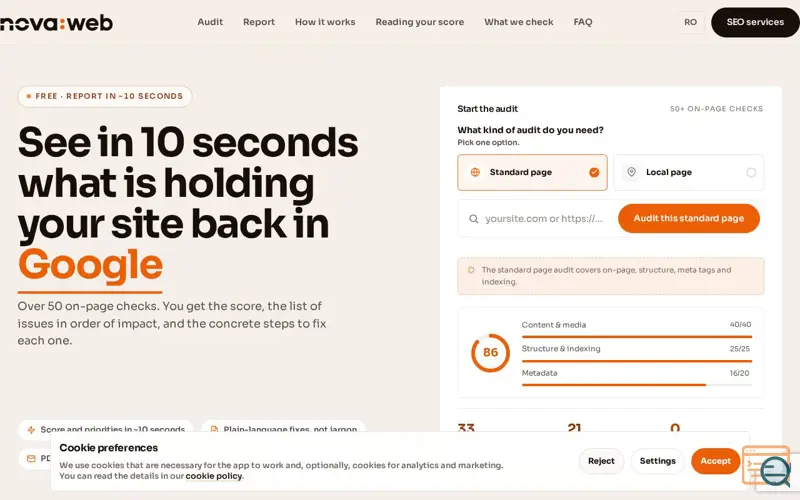 Screenshot of NovaWeb Free SEO Audit