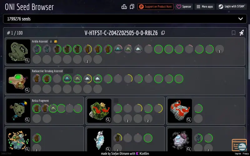 Screenshot of MapsNotIncluded - ONI Seed Browser