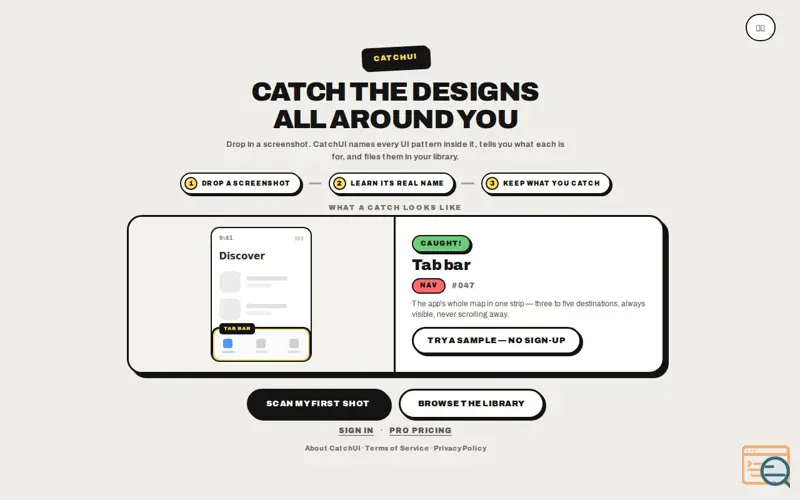 Screenshot of CatchUI — Name the UI patterns in any screenshot