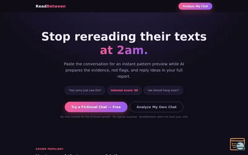 Screenshot of ReadBetween — AI Chat Analyzer: Find Out If They're Really Into You