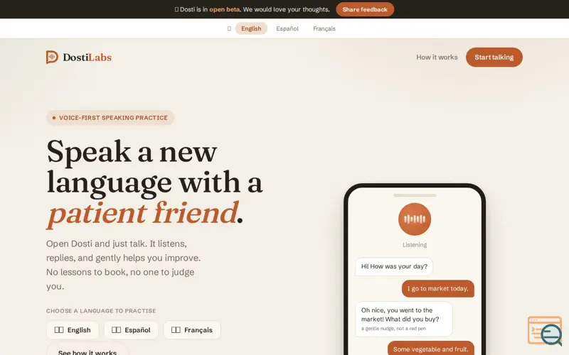 Screenshot of Dosti Labs - Learn languages by speaking
