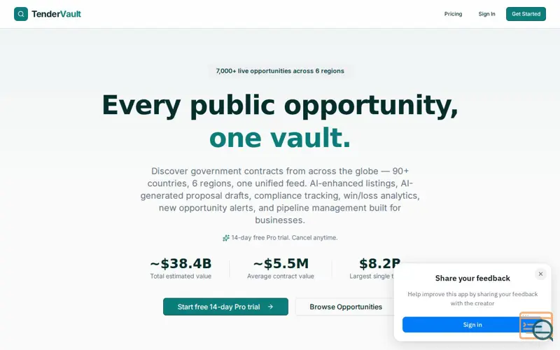 Screenshot of TenderVault