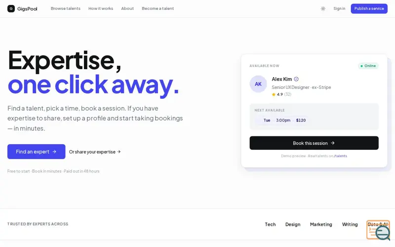 Screenshot of GigsPool, Book a session with an expert.