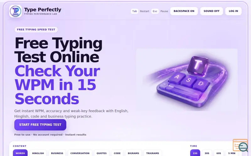 Screenshot of Free Typing Test Online – Check WPM & Accuracy | Type Perfectly