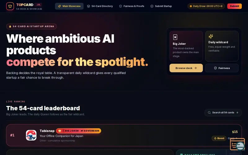 Screenshot of TopCard.lol — The AI Startup Deck