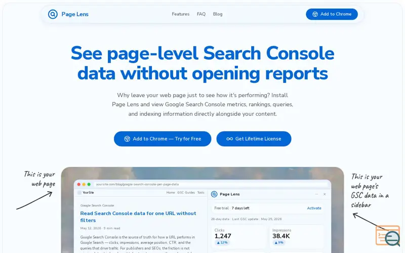 Screenshot of Page Lens for Google Search Console