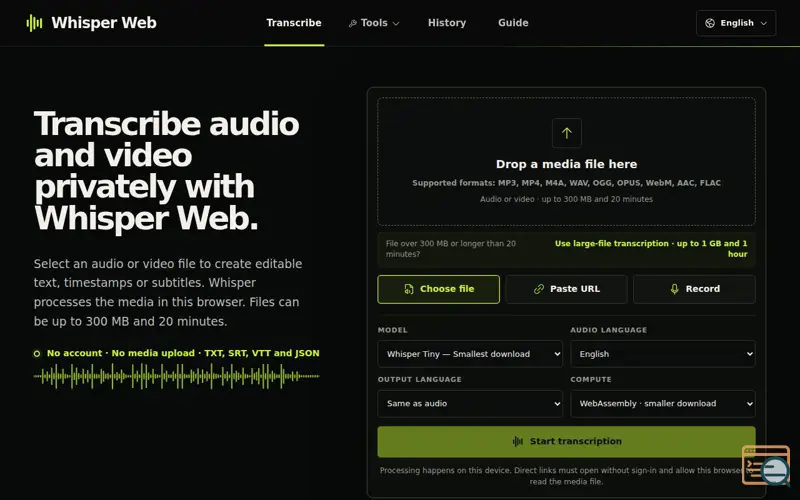 Screenshot of Whisper Web – Free, Private Browser Speech-to-Text