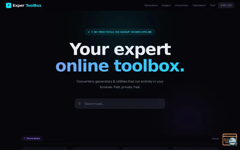 Screenshot of ExperToolBox — Free Online Tools , a launch using BanaHosting