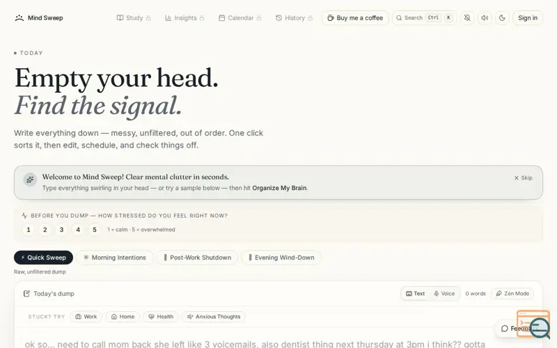 Screenshot of Brain Dump — Clear your head, organize your day
