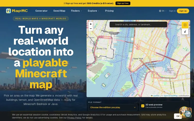 Screenshot of MapMC — Turn Any Real Location into a Minecraft World Online