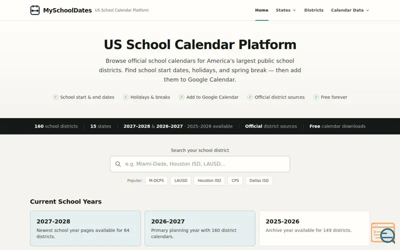 Screenshot of US School Calendars 2026-2027 & 2027-2028 | Holidays, Breaks & Key Dates | MySchoolDates