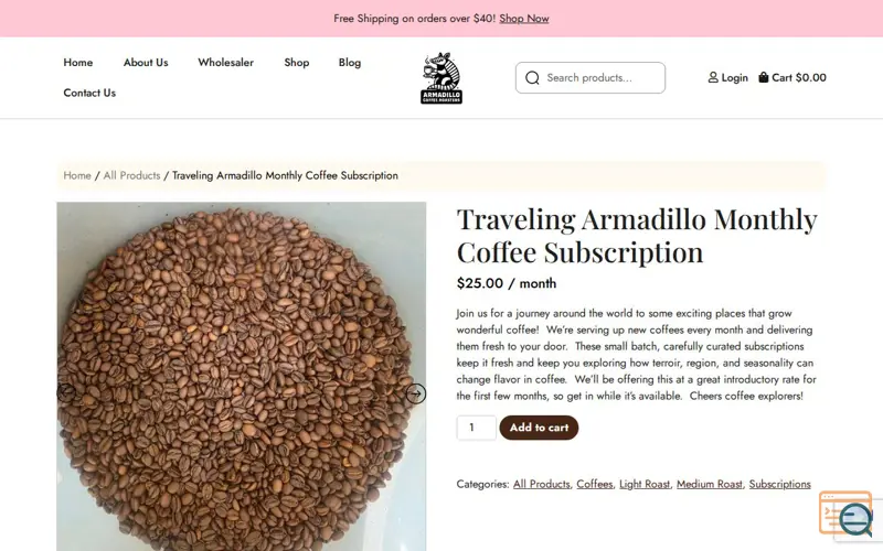 Screenshot of Armadillo Coffee Roasters, a launch using LiteSpeed Web Server