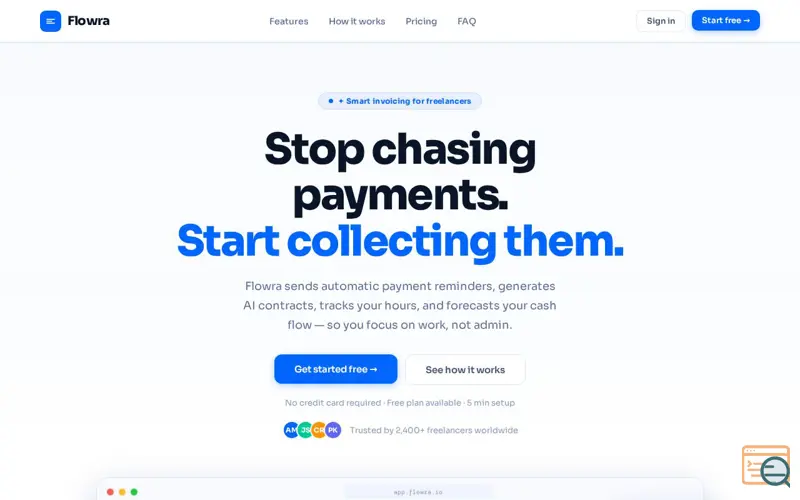 Screenshot of Flowra — Invoice. Collect. Grow