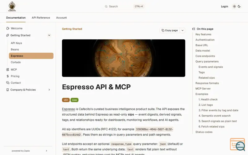 Screenshot of Espresso API & MCP