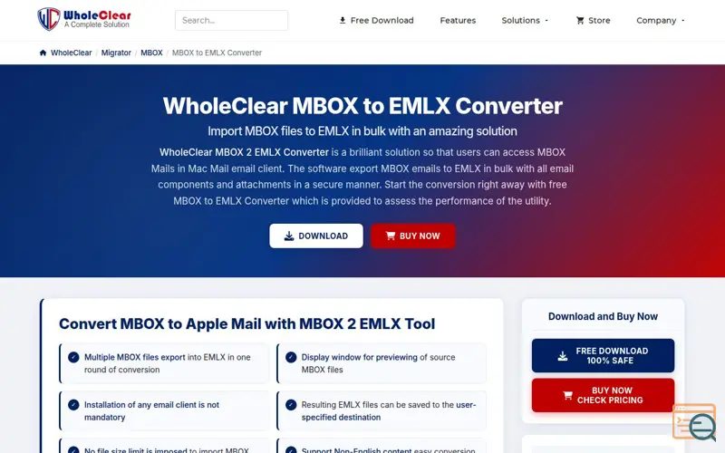 Screenshot of WholeClear MBOX to EMLX Converter