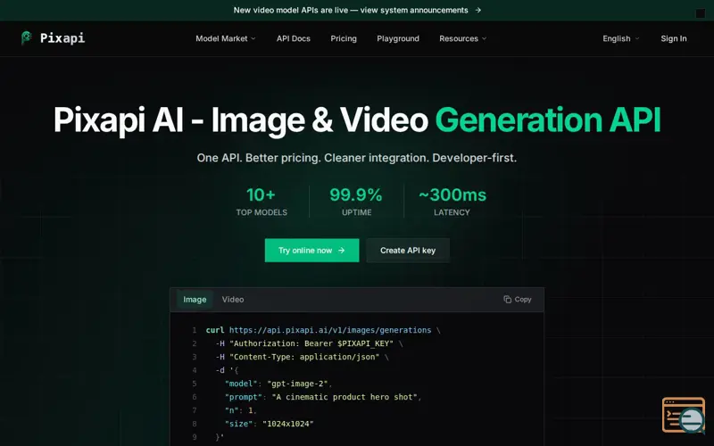 Screenshot of Pixapi — Visual AI APIs for Image & Video