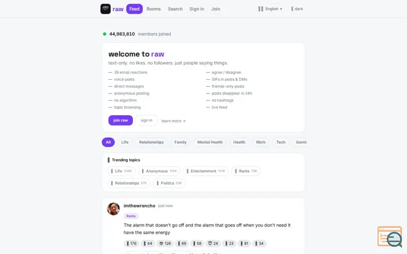 Screenshot of RAW Social, a launch using AdCash