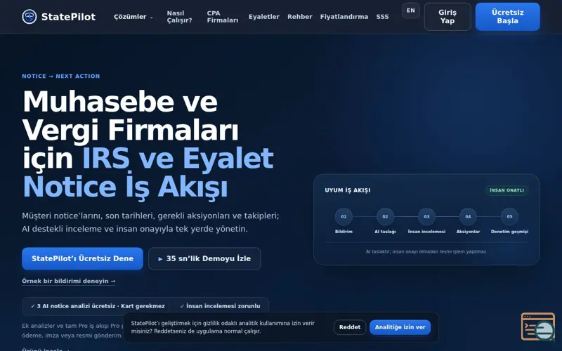 Screenshot of StatePilot | ABD Şirket Compliance Takibi, a launch using SideProjectors