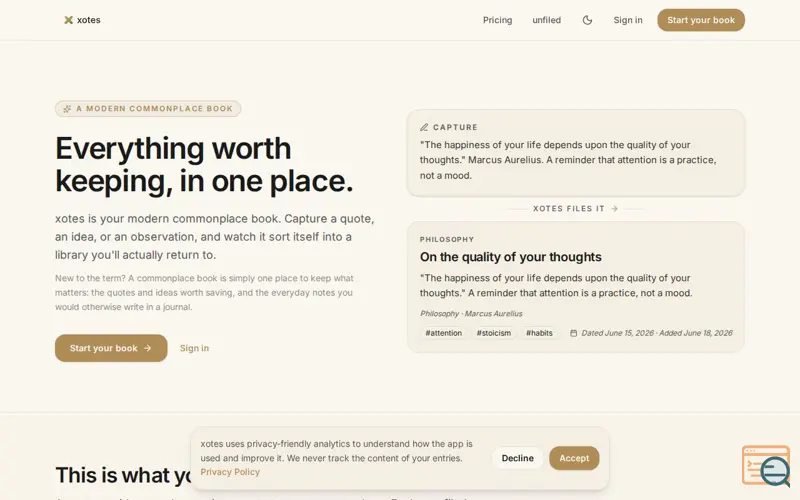 Screenshot of xotes, your modern commonplace book