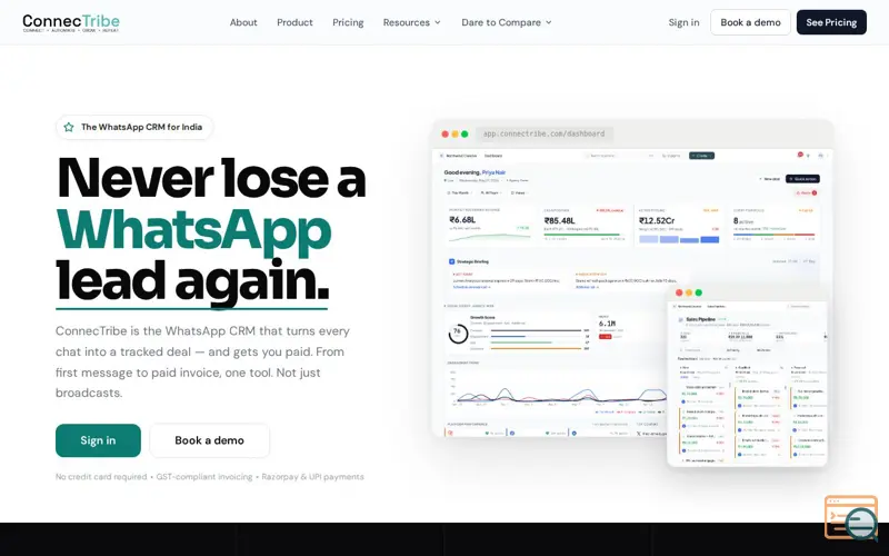 Screenshot of ConnecTribe — The WhatsApp CRM for India