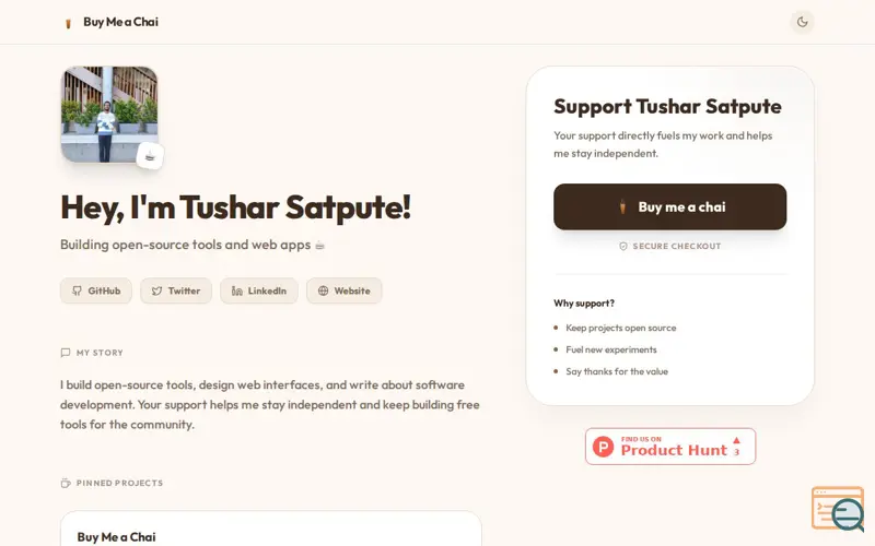 Screenshot of Buy Me a Chai