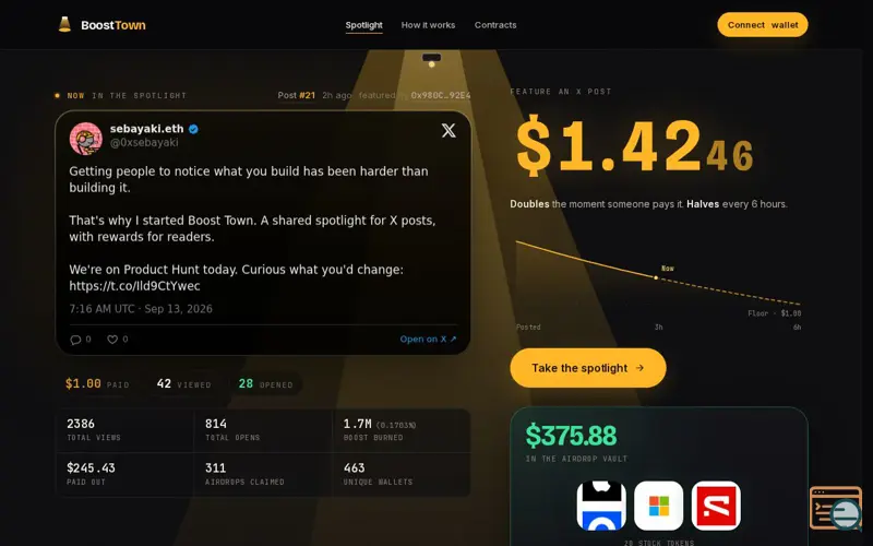 Screenshot of Boost Town, a launch using Blockmachine