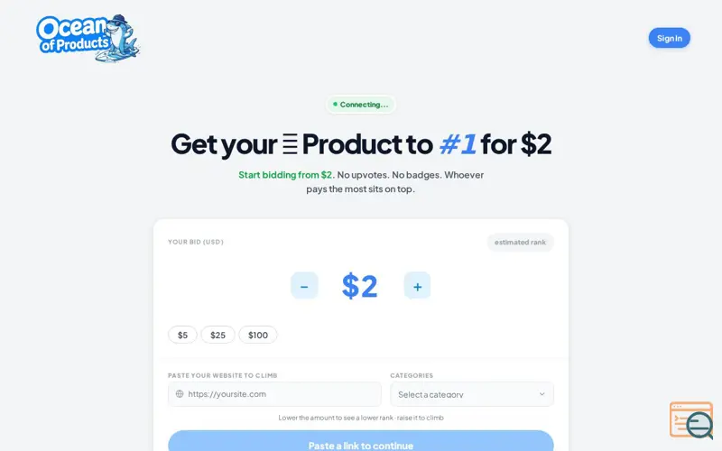 Screenshot of Ocean of Products Launch