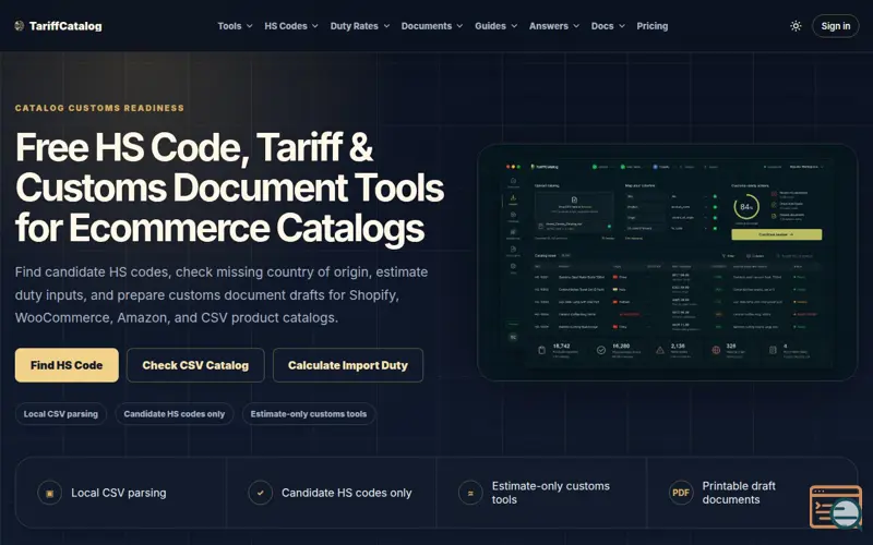 Screenshot of Free HS Code, Tariff & Customs Document Tools for Ecommerce Catalogs | TariffCatalog, a launch using SmolLaunch