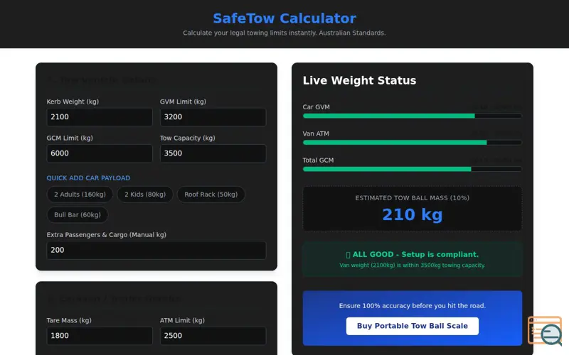 Screenshot of SafeTow Calculator, a launch using HSTS