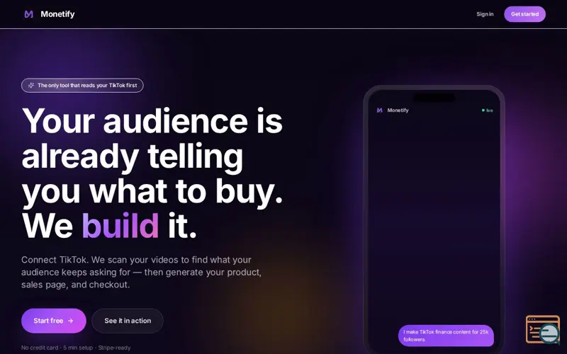 Screenshot of Monetify — From Audience to First Sale